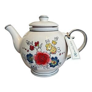 NEW Anthropologie MOLLY HATCH Tea Pot Teapot Floral White Flowers Red Inner RARE